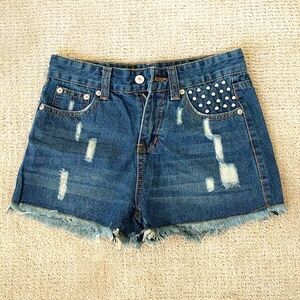 Dark Wash Denim Cutoff Distressed Jean Shorts Embellished Studs